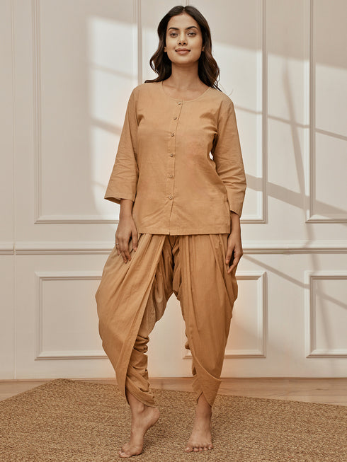 Women's Beige Cambric Cotton Shirt Style Kurta With Matching Dhoti Pants Yoga Set